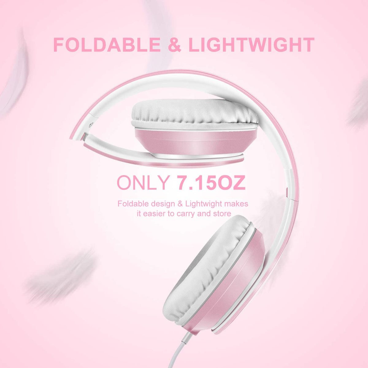 X6 Over-Ear Headphones with Microphone, Lightweight Foldable &amp; Portable Stereo Bass Headphones with 1.45M No-Tangle, Wired Headphones for Smartphone Tablet MP3 / 4 (Pearl Pink)