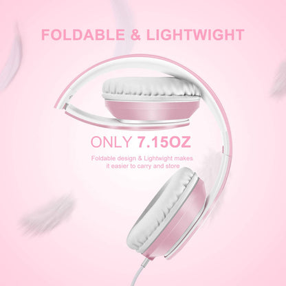 X6 Over-Ear Headphones with Microphone, Lightweight Foldable &amp; Portable Stereo Bass Headphones with 1.45M No-Tangle, Wired Headphones for Smartphone Tablet MP3 / 4 (Pearl Pink)