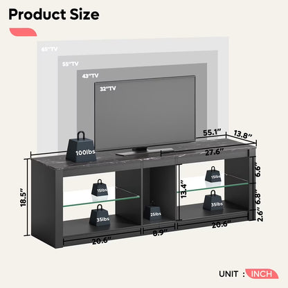 LED TV Stand for 65 Inch Tvs, Entertainment Center with Storage,Tv Console Table for Living Room with Adjustable Shelves,Black Marble