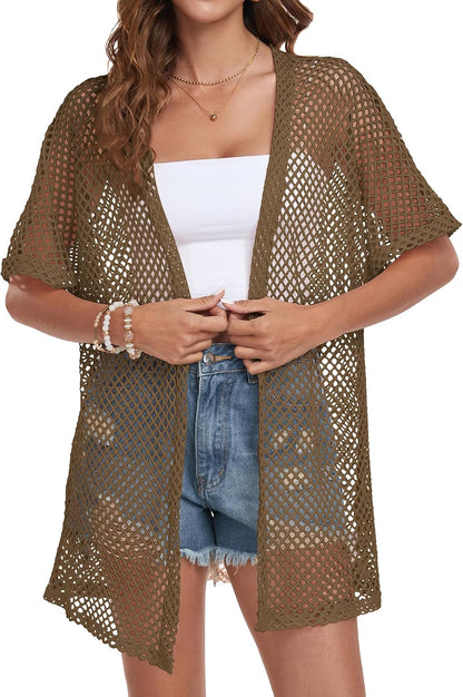 Women Swimsuit Coverup Crochet Beach Cover up Short Sleeve Kimono Cardigans