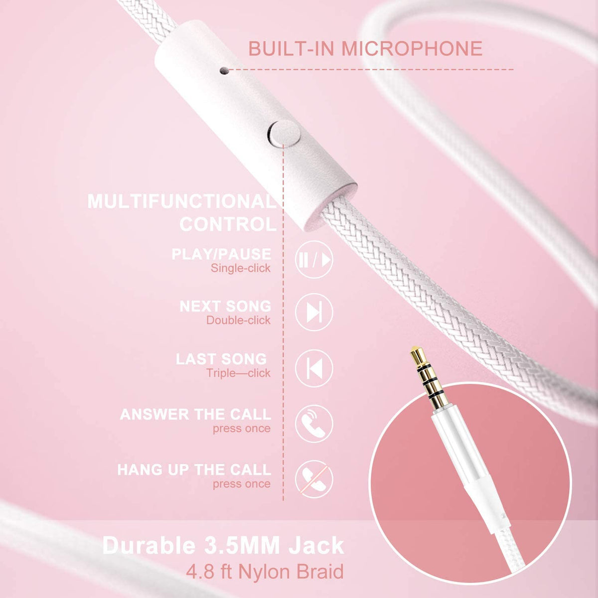 X6 Over-Ear Headphones with Microphone, Lightweight Foldable &amp; Portable Stereo Bass Headphones with 1.45M No-Tangle, Wired Headphones for Smartphone Tablet MP3 / 4 (Pearl Pink)