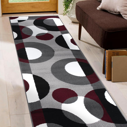 Circles Modern Soft Living Room Runner Rug Burgundy 2&