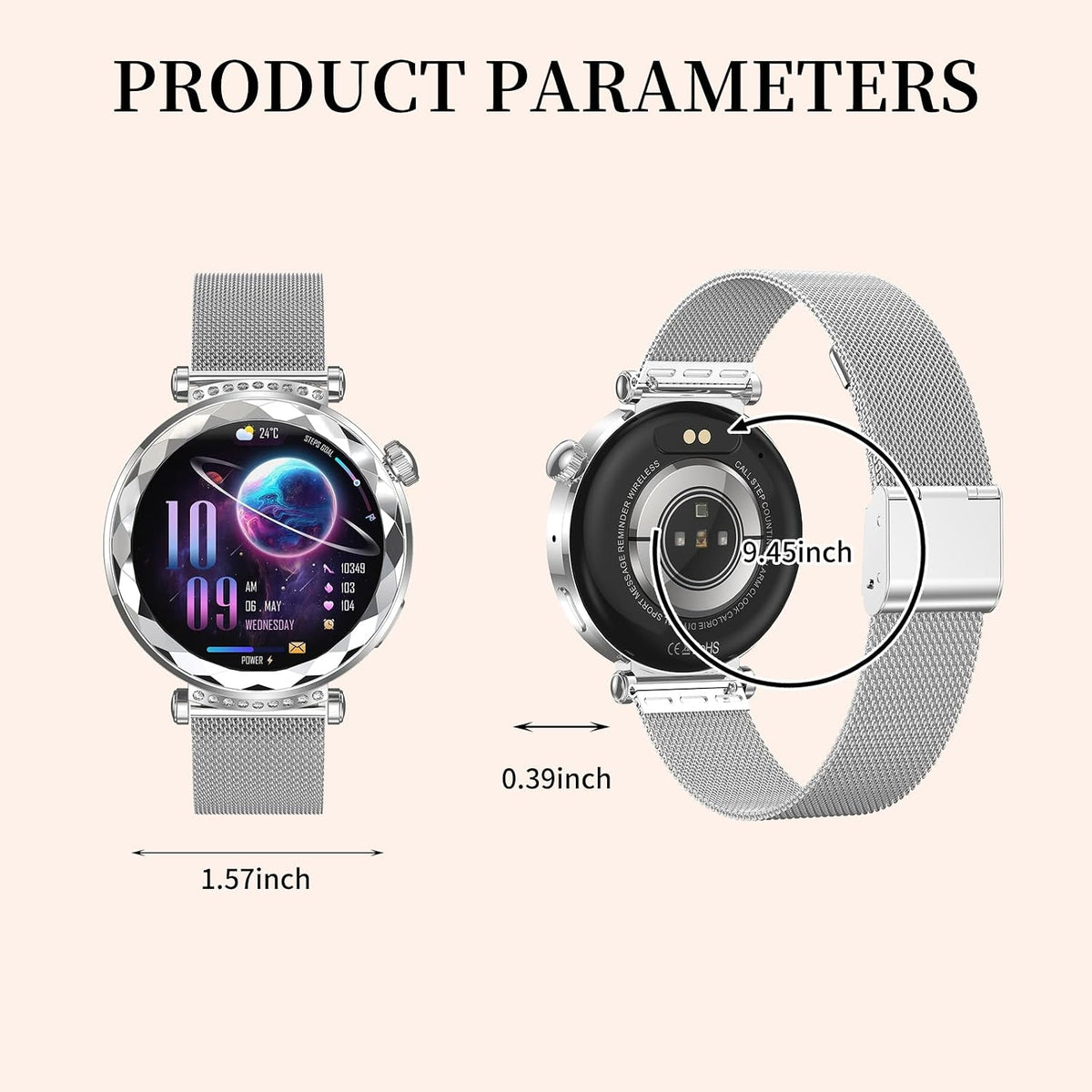 Smart Watch for Women, Fitness Tracker for Android/Ios, 1.19" AMOLED Screen Smartwatches with Female Cycle, Heart Rate, Sleep Monitor, Activity Tracking (2 Watch Bands) (Silver)