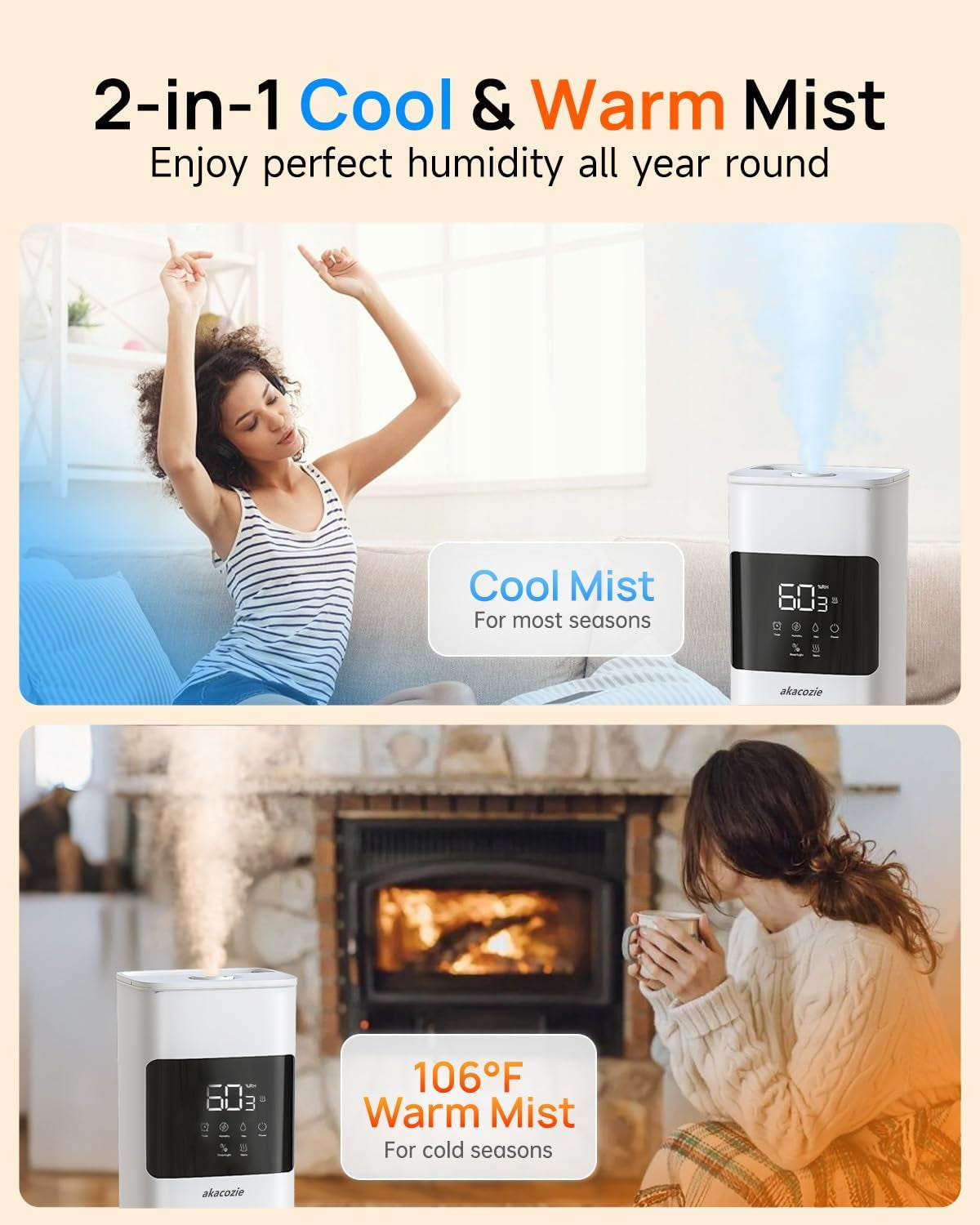 Warm &amp; Cool Mist Humidifiers for Bedroom, 8L Humidifier Large Room