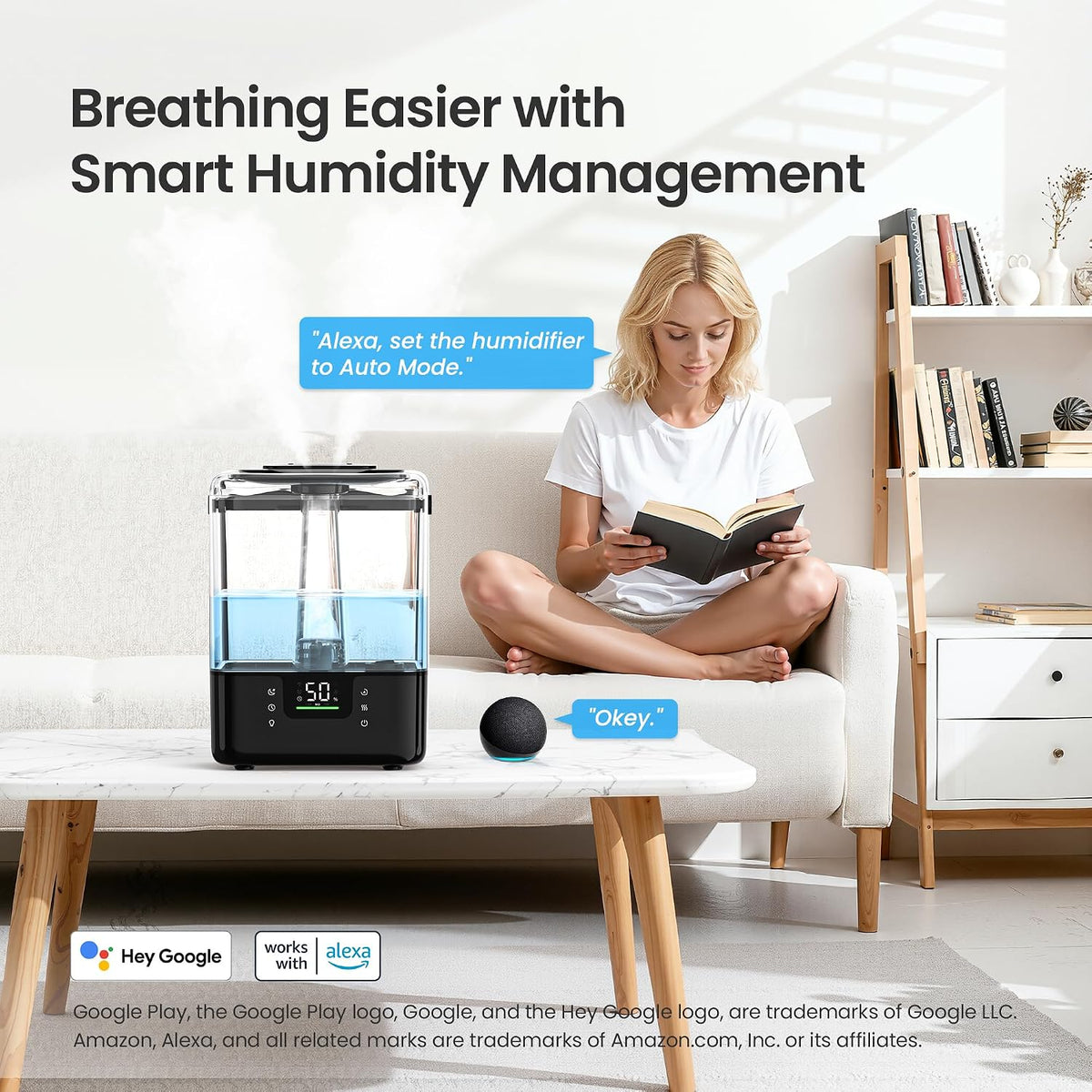 Smart Humidifiers for Bedroom Large Room Home, 6L Cool Mist Top Fill Humidifier with Essential Oil Diffuser, Smart App &amp; Voice Control, for Nursery &amp; Plants, Black, 1 Pack + 7 Color Nightlight