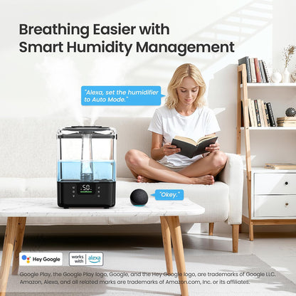 Smart Humidifiers for Bedroom Large Room Home, 6L Cool Mist Top Fill Humidifier with Essential Oil Diffuser, Smart App &amp; Voice Control, for Nursery &amp; Plants, Black, 1 Pack + 7 Color Nightlight