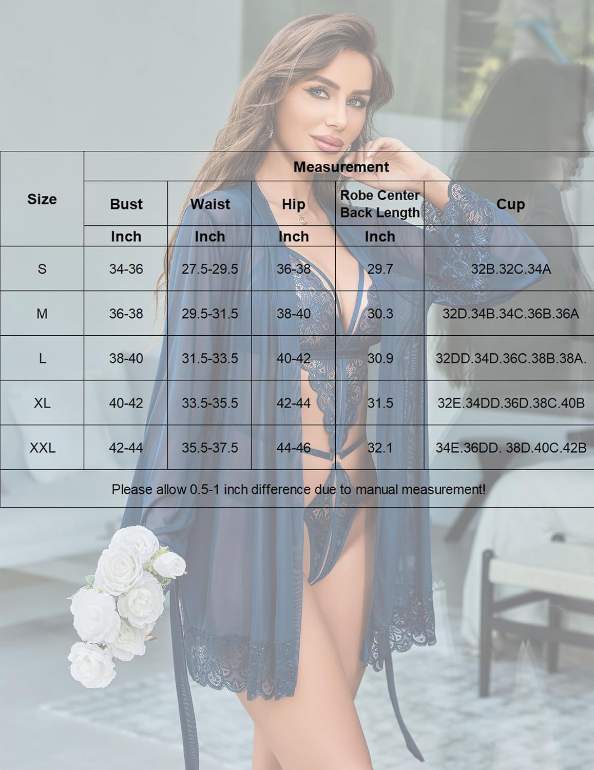 2 Piece Lingerie Set Lace Teddy Bodysuit with Mesh Kimono Robe