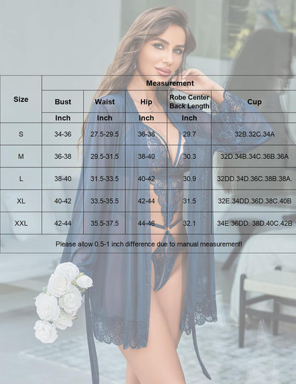 2 Piece Lingerie Set Lace Teddy Bodysuit with Mesh Kimono Robe