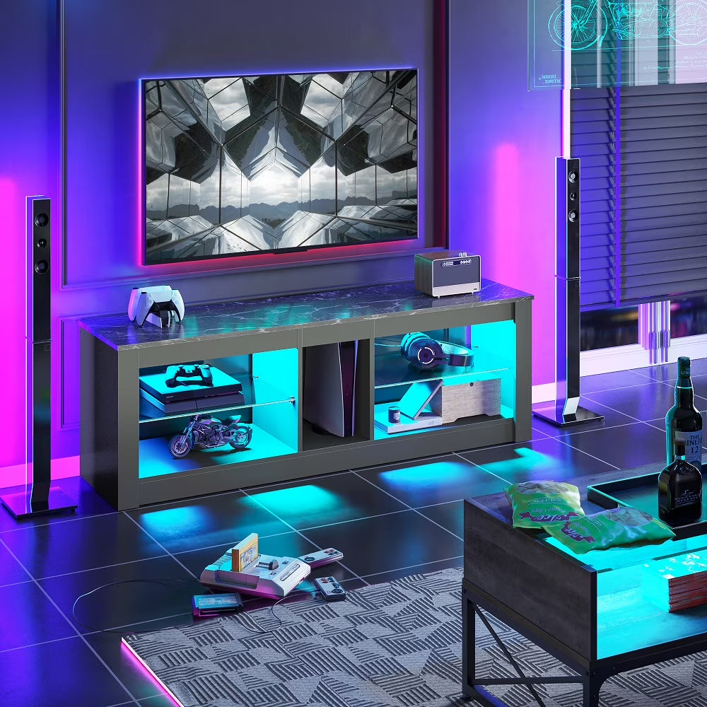 LED TV Stand for 65 Inch Tvs, Entertainment Center with Storage,Tv Console Table for Living Room with Adjustable Shelves,Black Marble