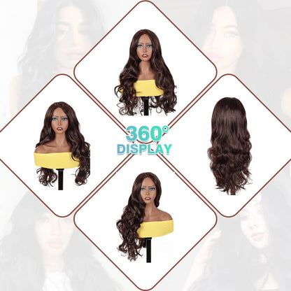 24" Brown Wigs for Women V Part Curly Red Brown Wigs Synthetic Water Wave Wigs Long Wavy Wig