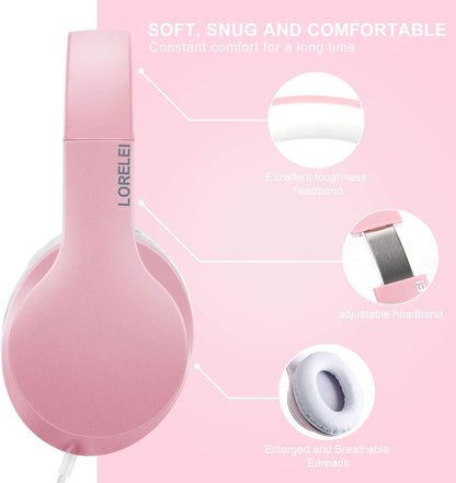 X6 Over-Ear Headphones with Microphone, Lightweight Foldable &amp; Portable Stereo Bass Headphones with 1.45M No-Tangle, Wired Headphones for Smartphone Tablet MP3 / 4 (Pearl Pink)