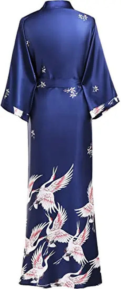 Satin Print Robe Kimono V Neck Knee Length Sleepwear Lounge Belted Fit