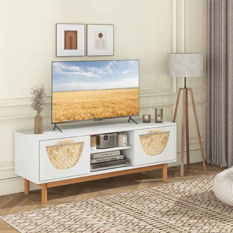 Mid Century Modern TV Stand Entertainment Center for 55-Inch TV with 2 Drawers and Bamboo Woven Fronts