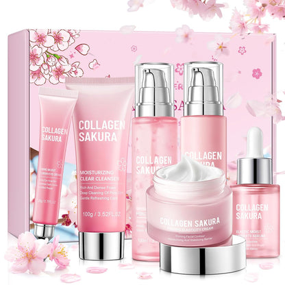 Collagen Sakura Skincare Gift Set, Cherry Blossom Skin Care Set for Teen Girls &amp; Women, Moisturizing &amp; Revitalizing Skin, 6Pcs Collagen Skin Care Routine Kits for Face, Korean Daily Skin Care