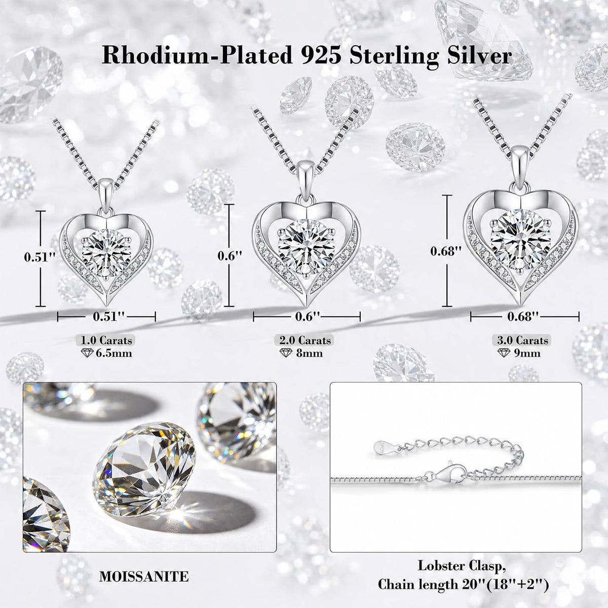 Moissanite Heart Necklace for Women, 925 Sterling Silver Necklace