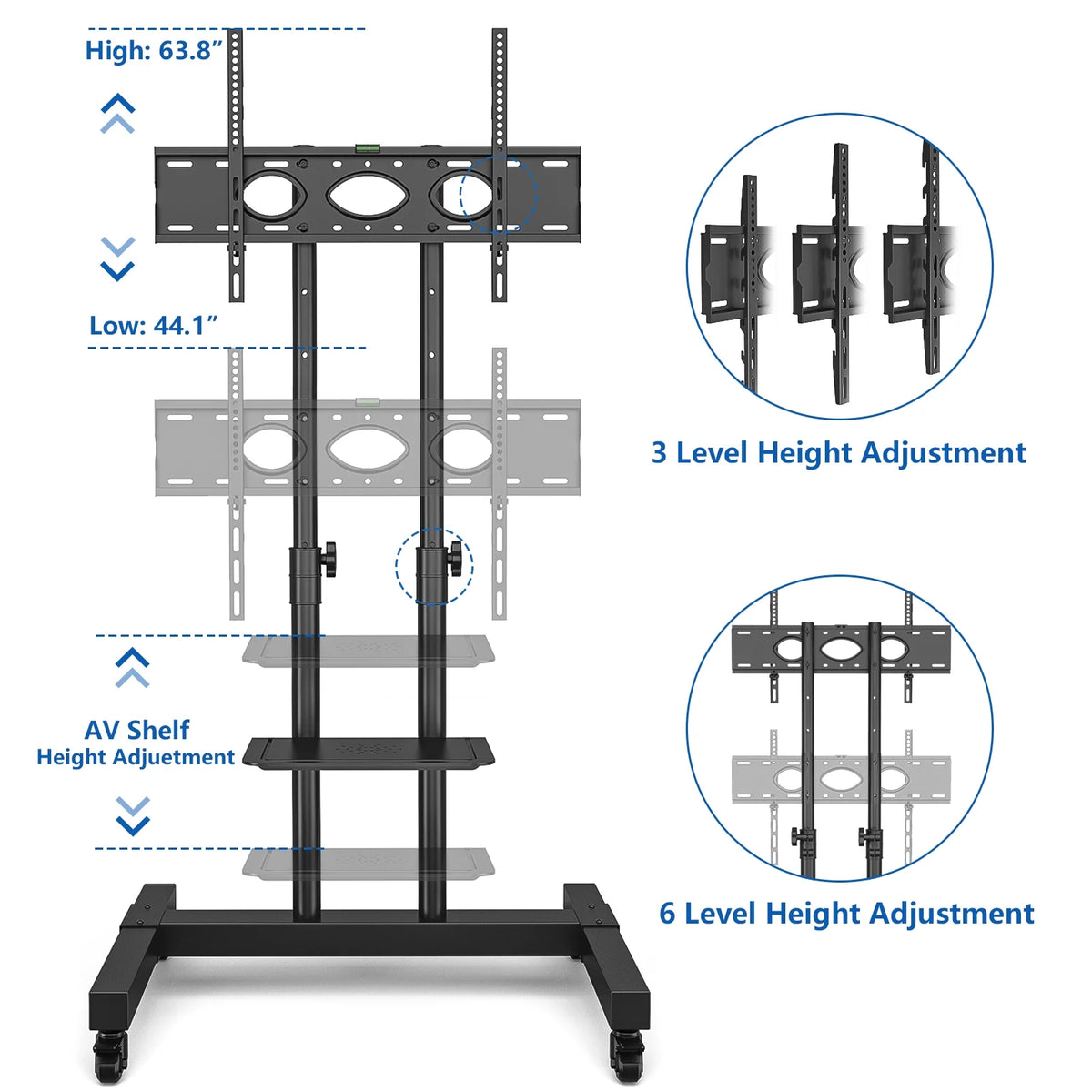 Rolling TV Cart Stand with Wheels for 32 to 83 Inch Screens, Adjustable Height Mobile TV Mount Rack Portable Floor Stand for Bedroom