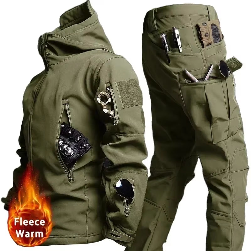 NEW Camo Fleece Warm Sets Winter Soft Shell Tactical Jacket Cargo Pant Outdoor Multi-Pocket Waterproof Hunting Suit