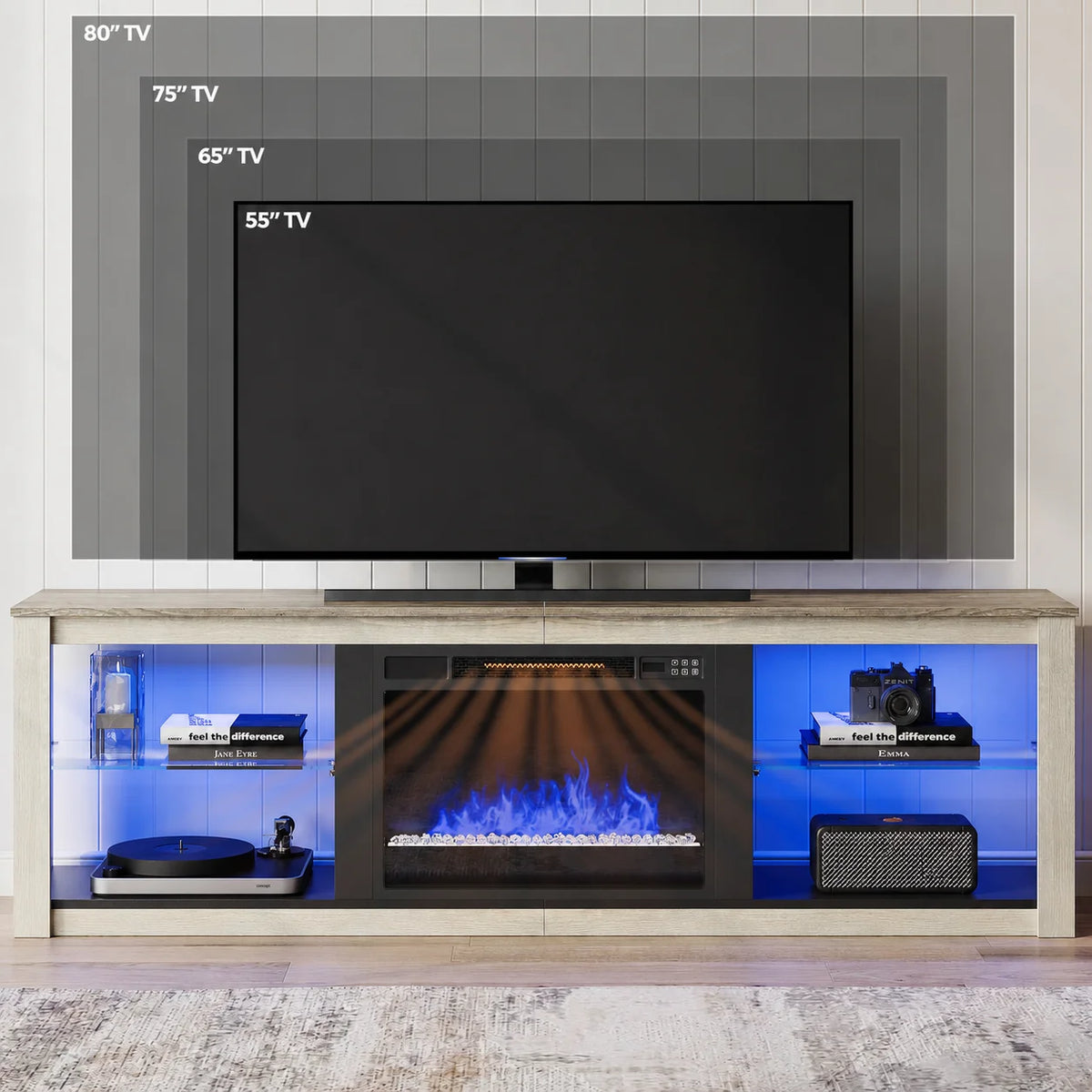 Electric Fireplace TV Stand for 75 Inch Tvs, Fireplace TV Stands for Living Room or Bedroom, LED Entertainment Center with Fireplace, RGB Ambient Lighting, Quick Assembly, Wash White