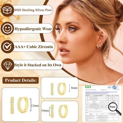 3 Pairs 18K Gold Plated Hoop Earrings for Women CZ Small Huggie Cartilage Hypoallergenic Earrings Set for Multiple Piercing Birthday Christmas Jewelry Gifts Teen Adult Stocking Stuffers