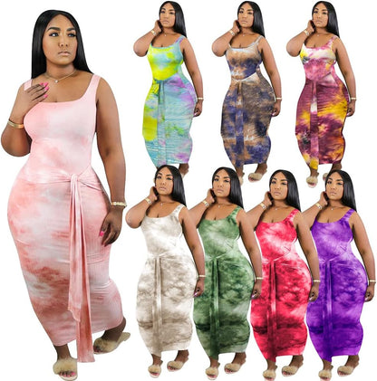 Sun Dresses Women Bodycon Sleeveless Summer Maxi Long Dress with Belt plus Size Rose