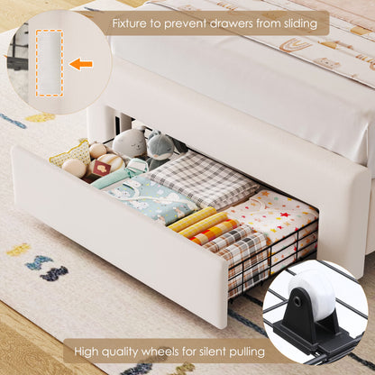 Twin Size Bed with Power Outlet &amp; LED, Upholstered Princess Beds with Drawer, Twin Beds with Headboard Storage, Beige