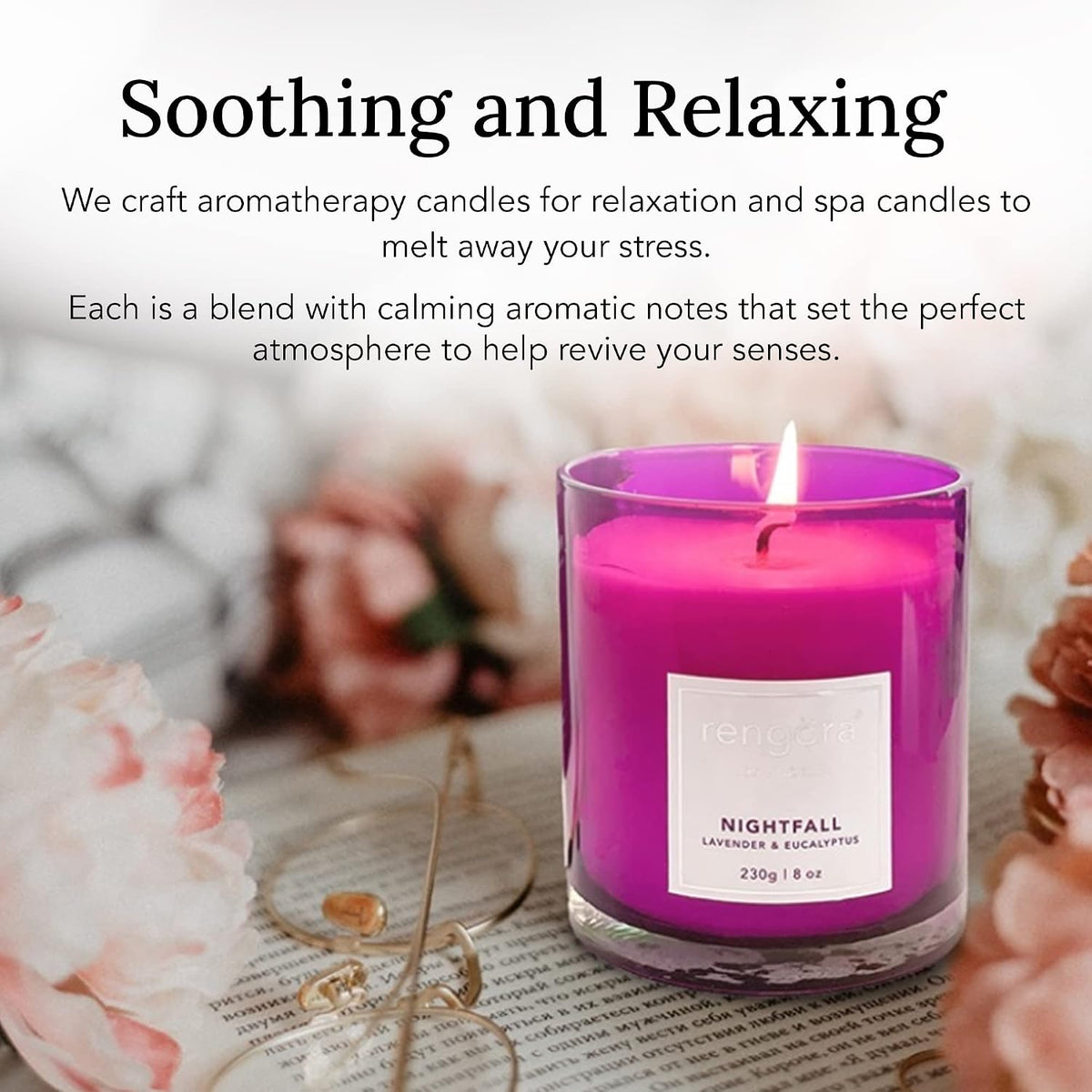 Lavender &amp; Eucalyptus Scented Candle – 8Oz Soy Wax, Clean Burning, Long‑Lasting Magenta Glass Jar, Aromatherapy Gift for Women