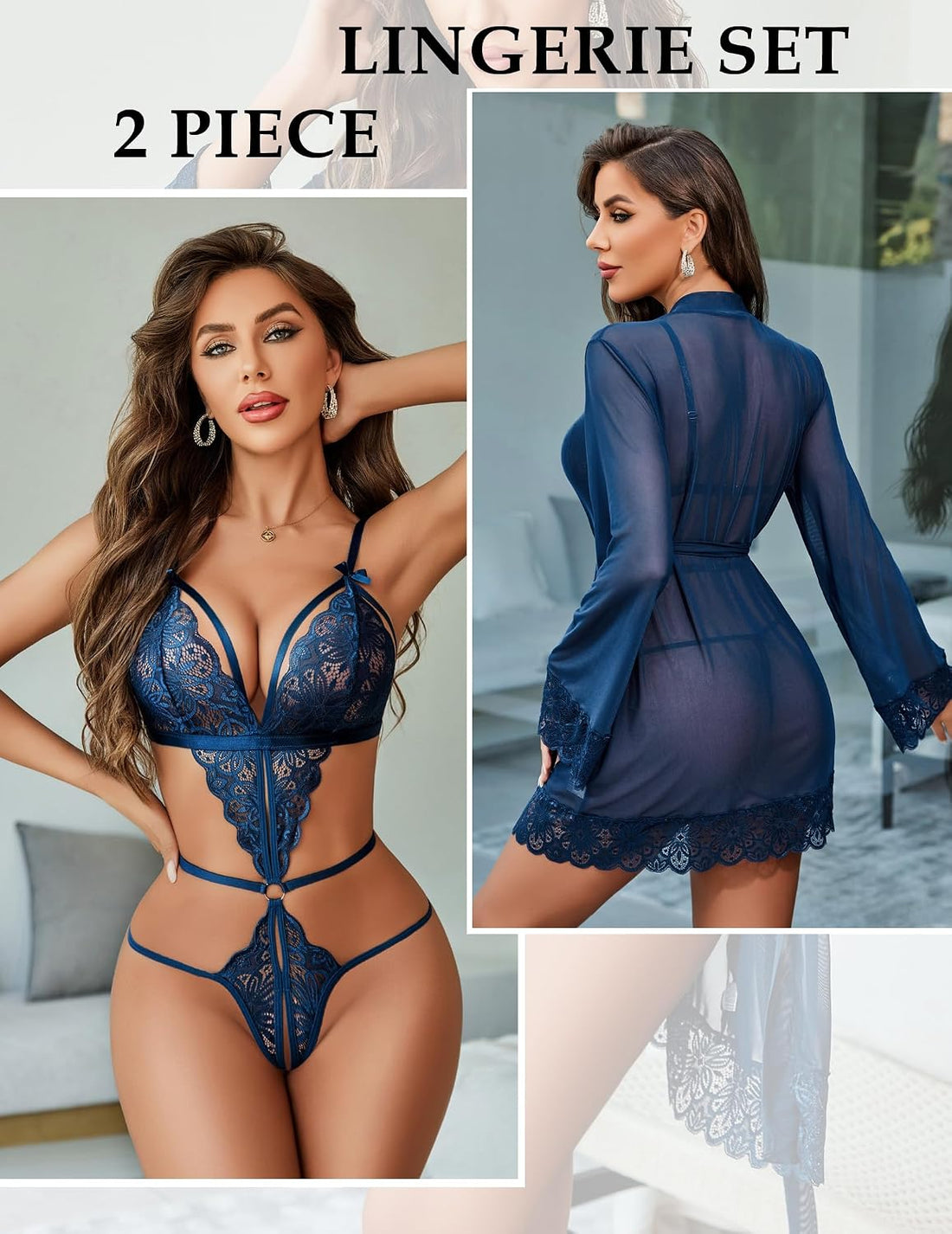 2 Piece Lingerie Set Lace Teddy Bodysuit with Mesh Kimono Robe