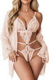2 Piece Lingerie Set Lace Teddy Bodysuit with Mesh Kimono Robe