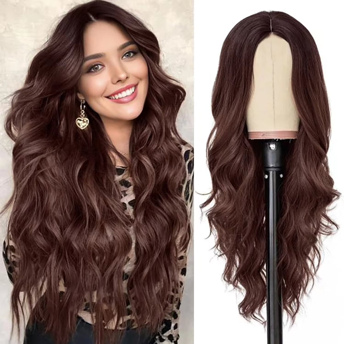 24" Brown Wigs for Women V Part Curly Red Brown Wigs Synthetic Water Wave Wigs Long Wavy Wig