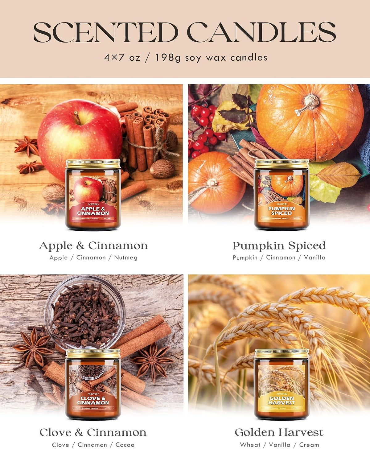 Fall Candles Set - 4 Pack Candles for Home Scented, 28 Oz Natural Soy Wax 200 Hour Long Lasting, Autumn Gifts Set for Women Men Fall Fragrance of Pumpkin/Apple Cinnamon/Clove/Wheat Vanilla