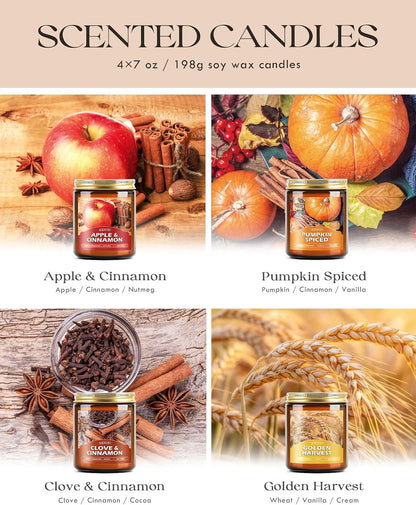 Fall Candles Set - 4 Pack Candles for Home Scented, 28 Oz Natural Soy Wax 200 Hour Long Lasting, Autumn Gifts Set for Women Men Fall Fragrance of Pumpkin/Apple Cinnamon/Clove/Wheat Vanilla