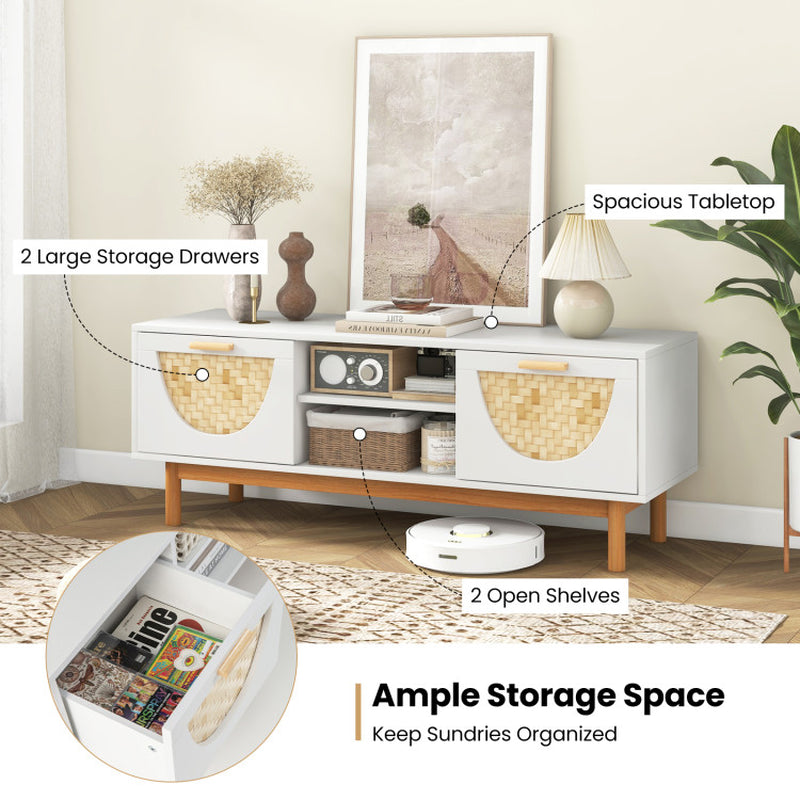 Mid Century Modern TV Stand Entertainment Center for 55-Inch TV with 2 Drawers and Bamboo Woven Fronts