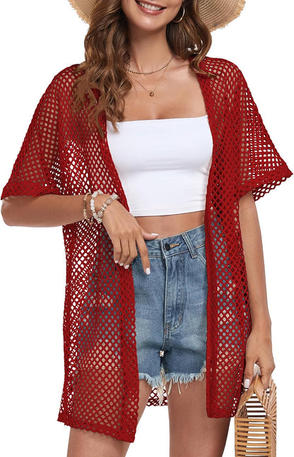 Women Swimsuit Coverup Crochet Beach Cover up Short Sleeve Kimono Cardigans
