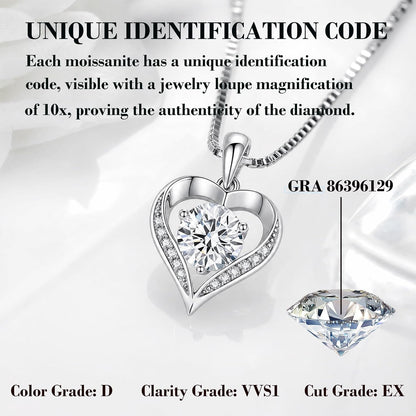 Moissanite Heart Necklace for Women, 925 Sterling Silver Necklace