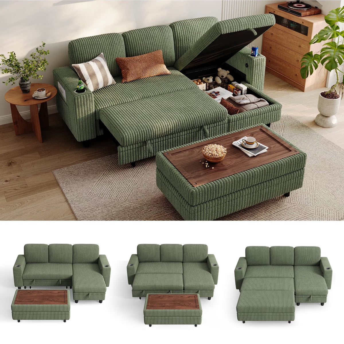 3 Seaterss Sectional Couches for Living Room, Sofa Bed with Storage Seat, Pull Out Couch Bed with Storage Ottoman, Dark Green