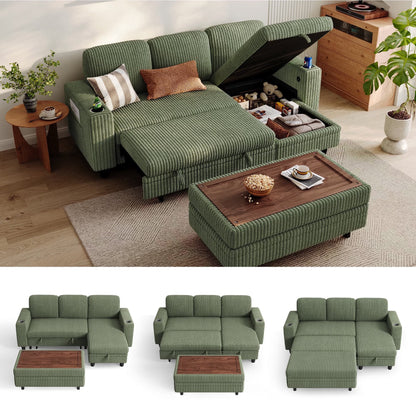 3 Seaterss Sectional Couches for Living Room, Sofa Bed with Storage Seat, Pull Out Couch Bed with Storage Ottoman, Dark Green