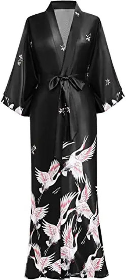 Satin Print Robe Kimono V Neck Knee Length Sleepwear Lounge Belted Fit