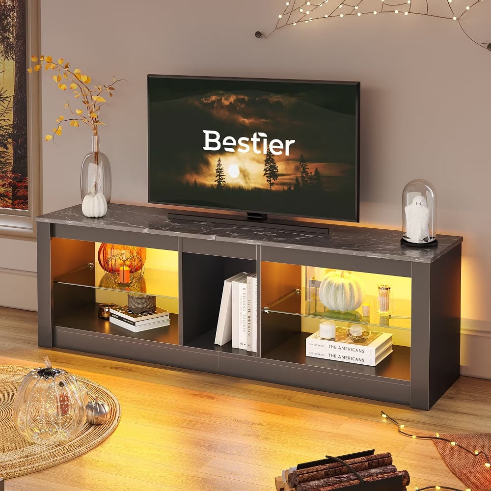 LED TV Stand for 65 Inch Tvs, Entertainment Center with Storage,Tv Console Table for Living Room with Adjustable Shelves,Black Marble