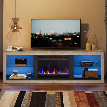 Electric Fireplace TV Stand for 75 Inch Tvs, Fireplace TV Stands for Living Room or Bedroom, LED Entertainment Center with Fireplace, RGB Ambient Lighting, Quick Assembly, Wash White