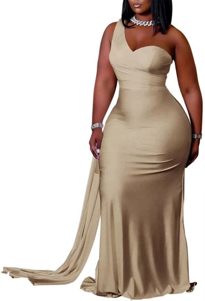 Womens plus Size Party Dress off Shoulder Dress Sleeveless Bodycon Satin Evening Pencil Maxi Dresss Champagne 2X