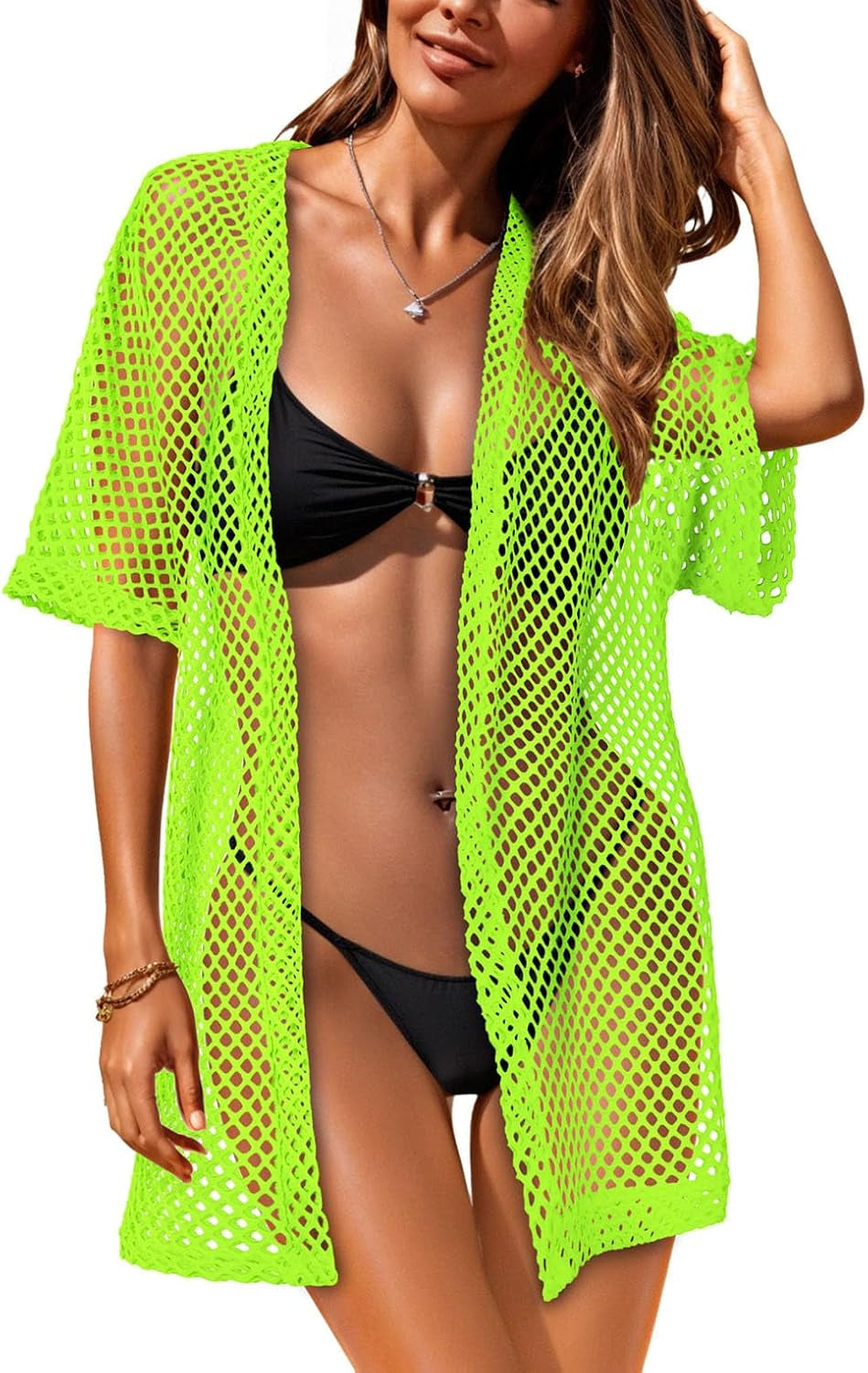 Women Swimsuit Coverup Crochet Beach Cover up Short Sleeve Kimono Cardigans