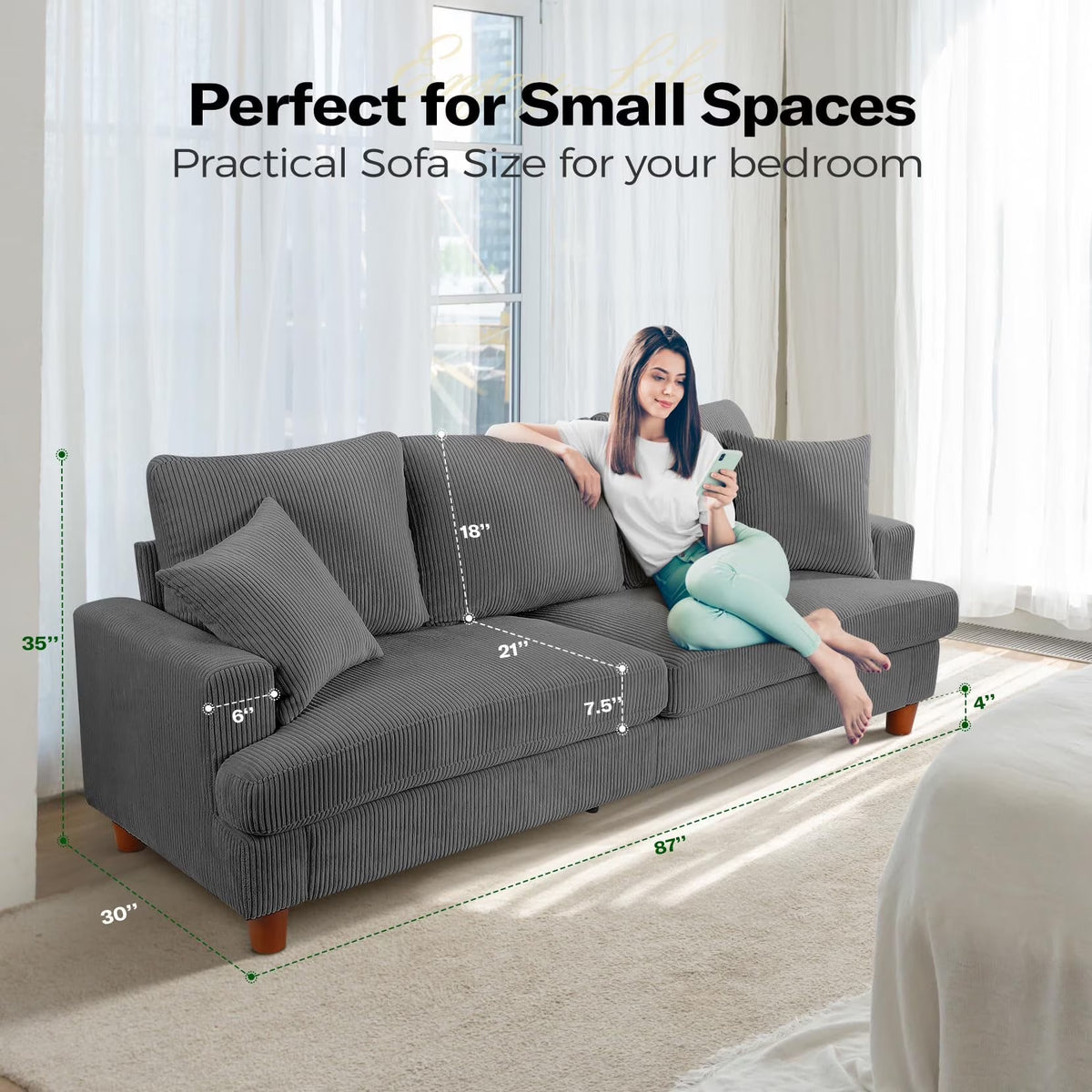 87" Corduroy Sofa,3 Seater Sofa Extra Deep Seats, Comfy Upholstered Couch for Living Room,2 Pillows,Gray