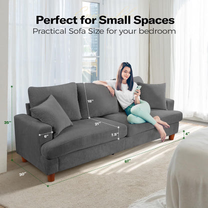 87" Corduroy Sofa,3 Seater Sofa Extra Deep Seats, Comfy Upholstered Couch for Living Room,2 Pillows,Gray
