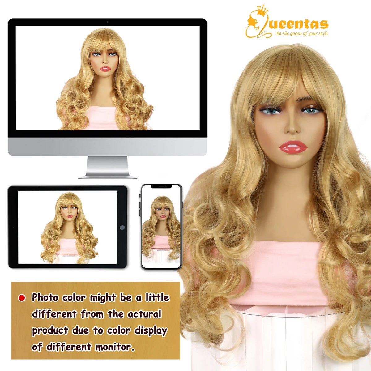 24" Long Blonde Wigs for Women Deep Wave Wig Synthetic Honey Blonde Wig Curly Bob Wigs with Bangs for Halloween