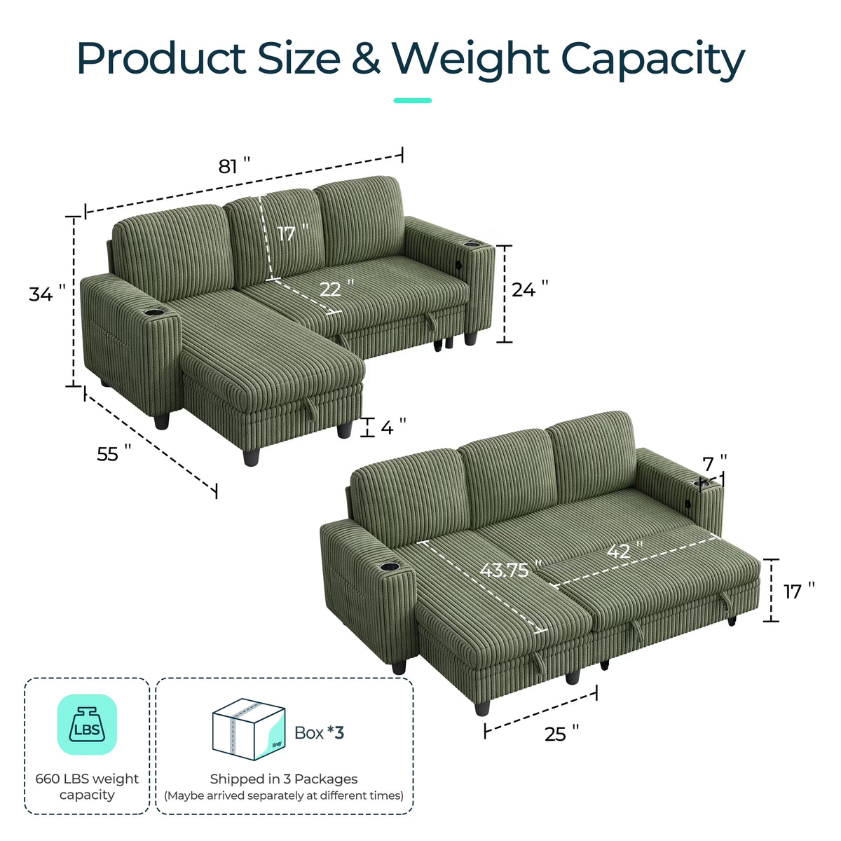 3 Seaterss Sectional Couches for Living Room, Sofa Bed with Storage Seat, Pull Out Couch Bed with Storage Ottoman, Dark Green
