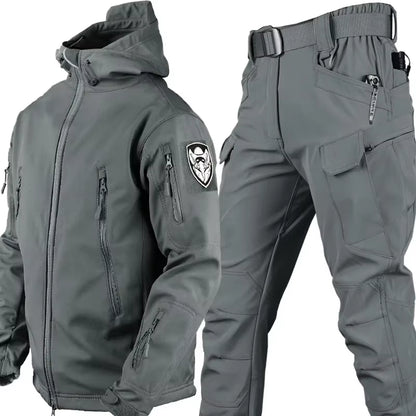 Winter Thicken Men Camo Suit Waterproof Tactical Training Set Multi-Pocket Hooded Jacket Fleece Pants Outdoor Hunting 2-Piece