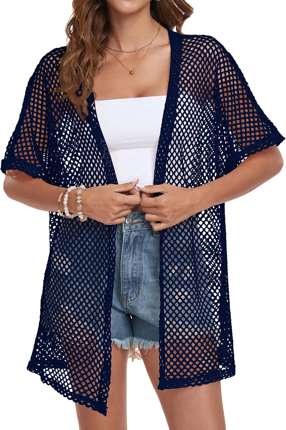 Women Swimsuit Coverup Crochet Beach Cover up Short Sleeve Kimono Cardigans