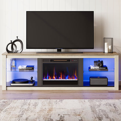 Electric Fireplace TV Stand for 75 Inch Tvs, Fireplace TV Stands for Living Room or Bedroom, LED Entertainment Center with Fireplace, RGB Ambient Lighting, Quick Assembly, Wash White
