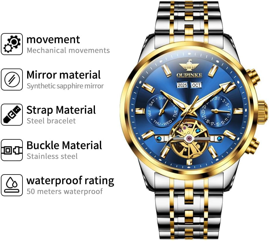 Automatic Men Watches Mechanical Luxury Self Winding Wrist Watch Stainless Steel Waterproof Wrist Watches