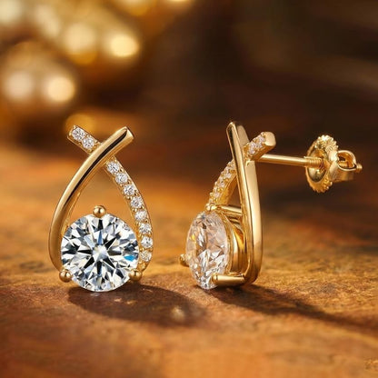 2Ct Moissanite Stud Earrings for Women, Earrings in Crossed Asymmetrical, Mermaid Tail Earrings, D Color VVS1 18K Gold Plated 925 Sterling Silver Hypoallergenic, round Cut Lab Created Diamond for Gift
